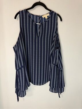 Michael Kors Women’s Cold Shoulder Blouse Size L Blue White Stripe Bell Sleeves